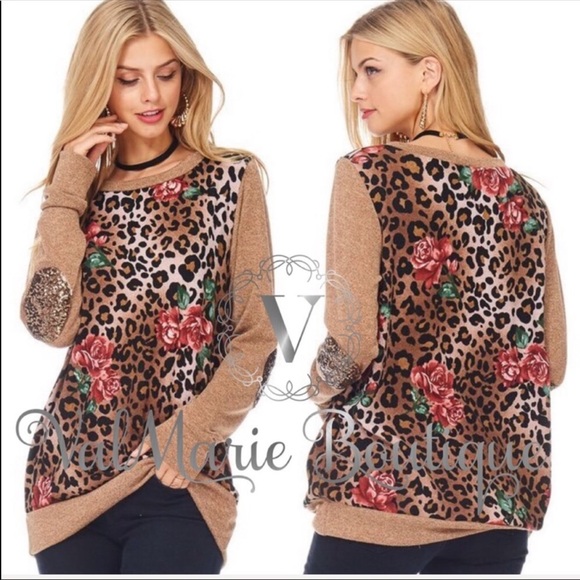 ValMarie Tops - LAST 1! Leopard floral sequin elbow top
